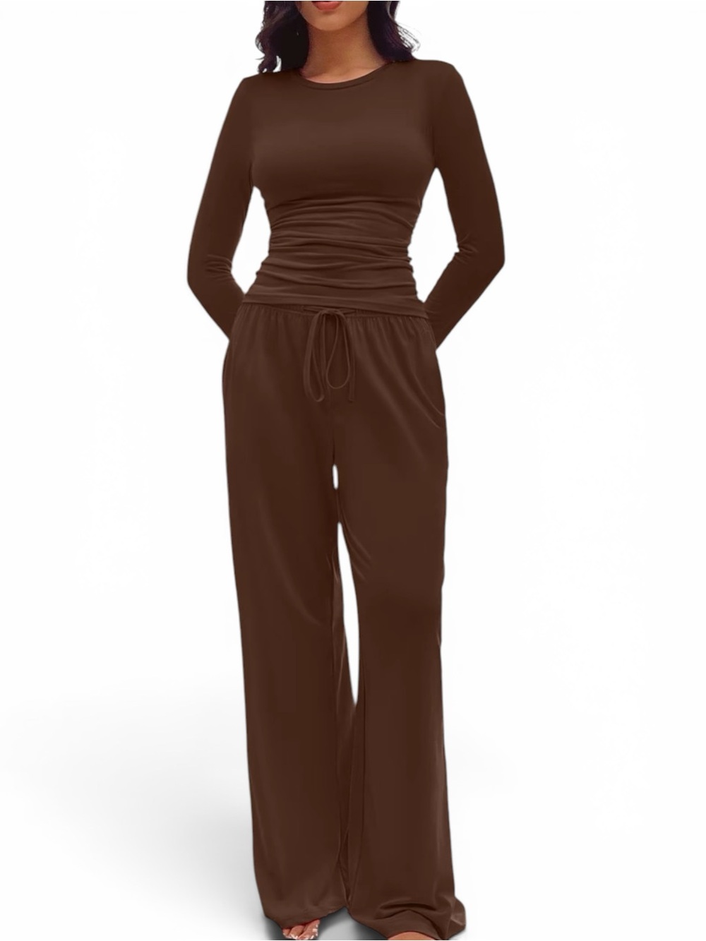 Long Sleeve Wide-Leg Pants Set- Brown